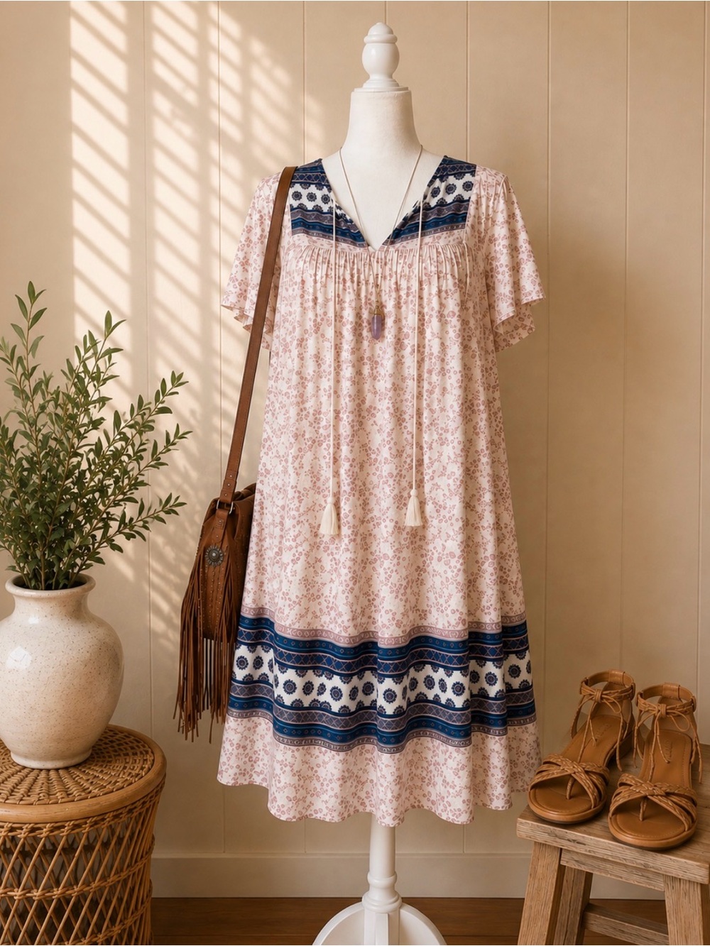 MEDIUM Old Navy Pink/Blue Floral Boho Babydoll Dress with Tassels
